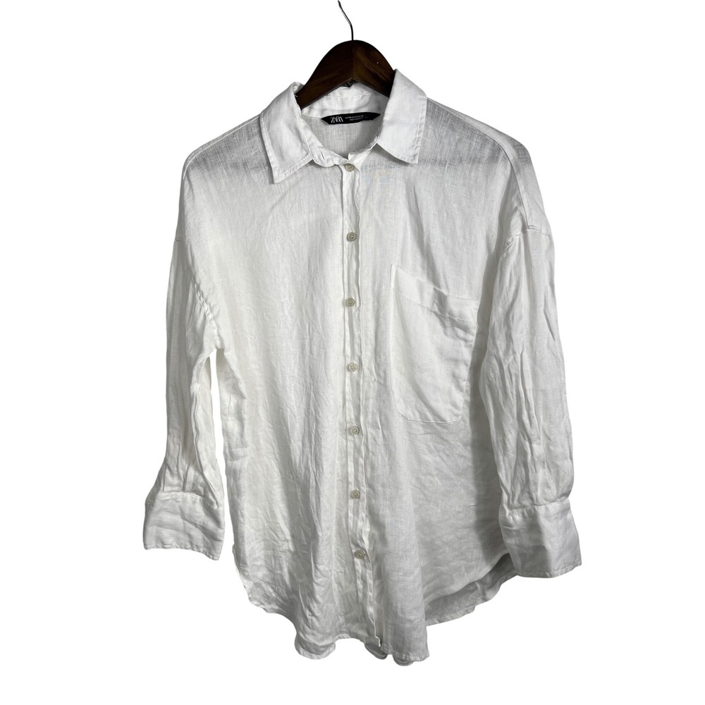 Zara Women‎ White 100% Linen Button Down Shirt Oversized Long Sleeve XS